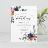 Navy Rust Burnt Sinaasappel Floral Botanical Weddi Kaart (Staand voorkant)