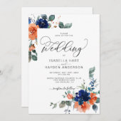 Navy Rust Burnt Sinaasappel Floral Botanical Weddi Kaart (Voorkant / Achterkant)