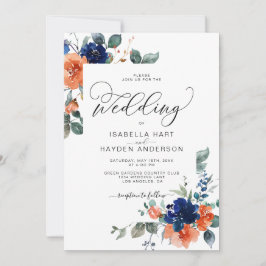 Navy Rust Burnt Sinaasappel Floral Botanical Weddi Kaart