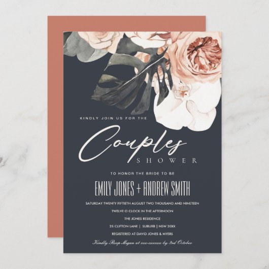 NAVY RUST FLORAL MONSTRERA COUPLES SHOWER INVITE BEDANKKAART (Voorkant / Achterkant)