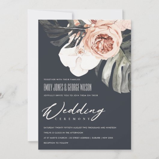 NAVY RUST FLORAL MONSTRERA LEAF WEDDING INVITE BEDANKKAART (Voorkant)