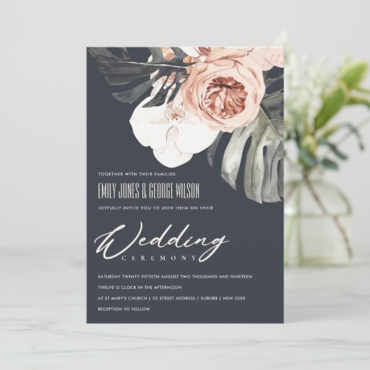 NAVY RUST FLORAL MONSTRERA LEAF WEDDING INVITE BEDANKKAART (Staand voorkant)
