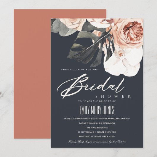 NAVY RUST FLORAL MONSTRERA VRIJGEZELLENFEEST INVIT BEDANKKAART (Voorkant / Achterkant)