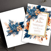 Navy Rust Modern Elegant Waterverf Bloemenbruiloft Kaart