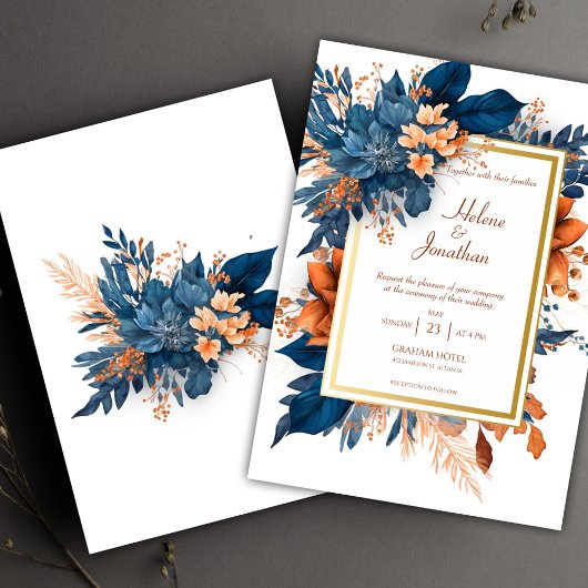 Navy Rust Modern Elegant Waterverf Bloemenbruiloft Kaart