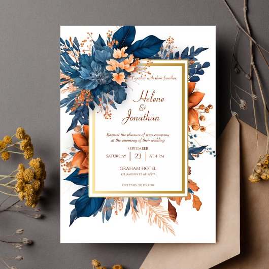 Navy Rust Modern Elegant Waterverf Bloemenbruiloft Kaart