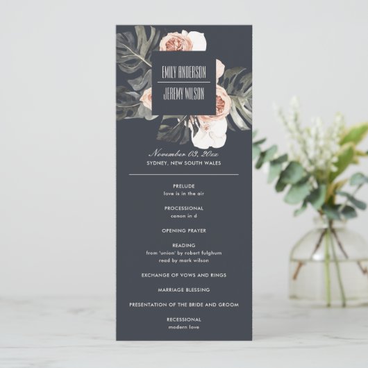NAVY RUST MONSTERA FLORAL WEDDING CEREMONY PROGRAM MENU (Staand voorkant)