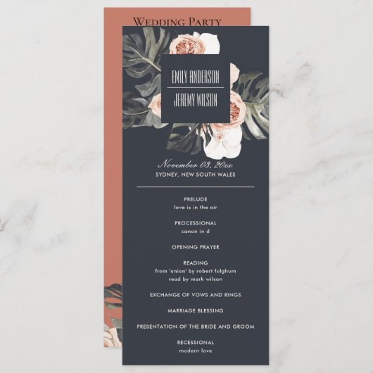 NAVY RUST MONSTERA FLORAL WEDDING CEREMONY PROGRAM MENU (Voorkant / Achterkant)