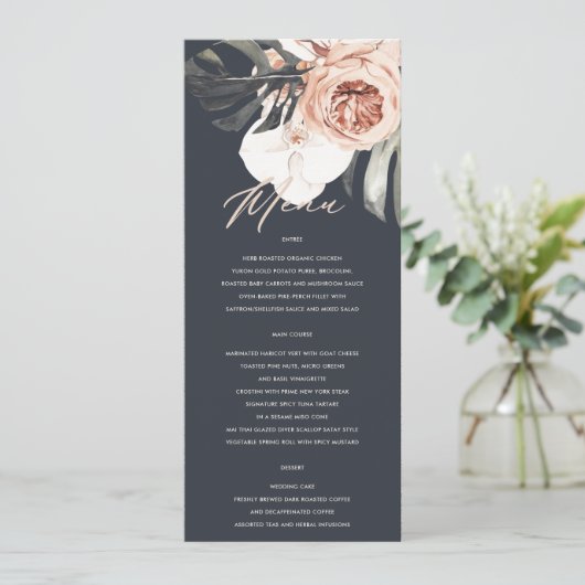 NAVY RUST MONSTRERA FLORAL WATERVERF WEDING MENU (Staand voorkant)