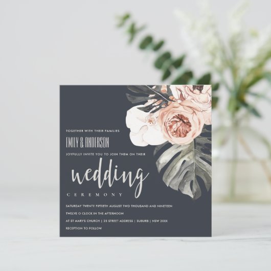 NAVY RUST MONSTRERA WATERVERF FLORAL WEDING KAART (Staand voorkant)