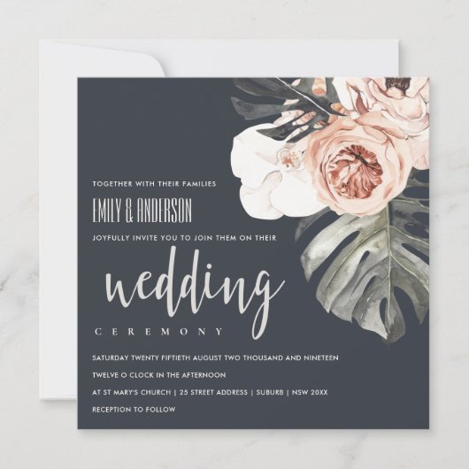 NAVY RUST MONSTRERA WATERVERF FLORAL WEDING KAART (Voorkant)