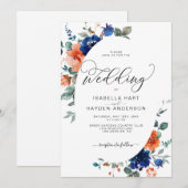 Navy Rust Sinaasappel Burnt Floral Waterverf Weddi Kaart (Voorkant / Achterkant)