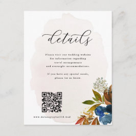 Navy & Rust Waterverf Boho Bloemen QR Code Bruilof Informatiekaartje