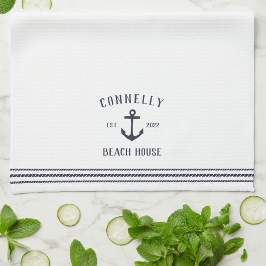 Navy Rustic Anchor Personalized Beach House Theedoek (Gevouwen)