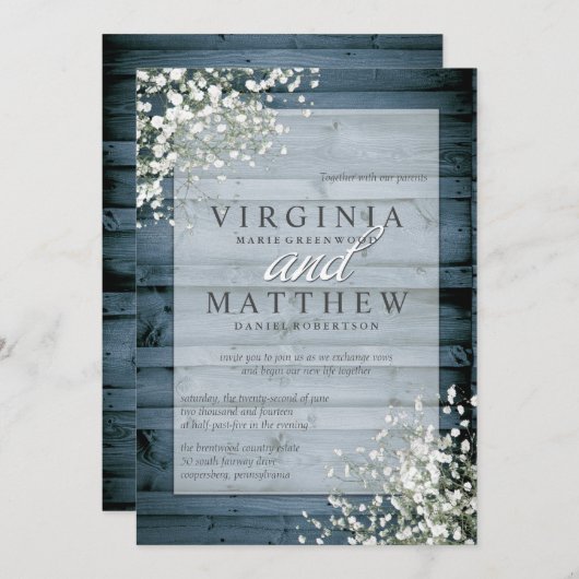 NAVY RUSTIC BABY'S ADEM BRUILOFT UITNODIGING (Voorkant / Achterkant)