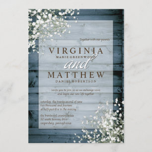 NAVY RUSTIC BABY'S BREATH WEDDING INVITATION KAART