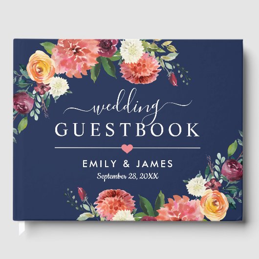 Navy Rustic Blush Burgundy Herfst Floral Wedding Gastenboek (Voorkant)