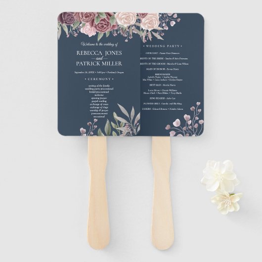 Navy Rustic Boho Dusty Roos Flowers Hand Fan Handwaaier (Voorkant en achterkant)