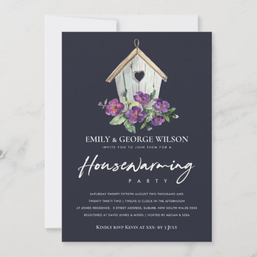 NAVY RUSTIC FLORAL BIRD HUUSE HOUSEWARMING Party Kaart (Voorkant)