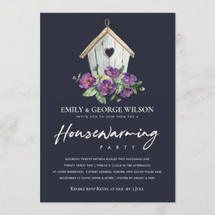 NAVY RUSTIC FLORAL BIRD HUUSE HOUSEWARMING Party Kaart