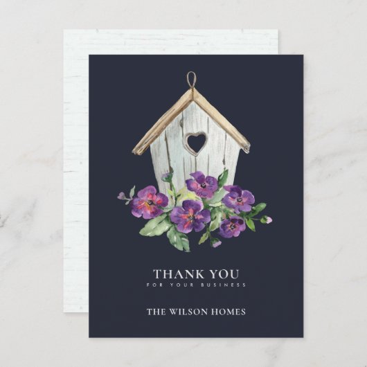 NAVY RUSTIC FLORAL BIRDHOUSE MAKELAAR BEDANKT AANKONDIGINGSKAART (Voorkant / Achterkant)