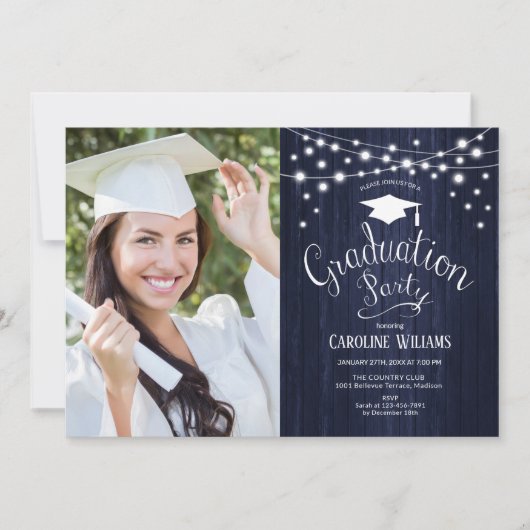 Navy Rustic Graduy Party with Photo Invitation Kaart (Voorkant)