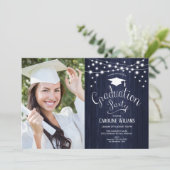 Navy Rustic Graduy Party with Photo Invitation Kaart (Staand voorkant)
