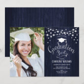 Navy Rustic Graduy Party with Photo Invitation Kaart (Voorkant / Achterkant)