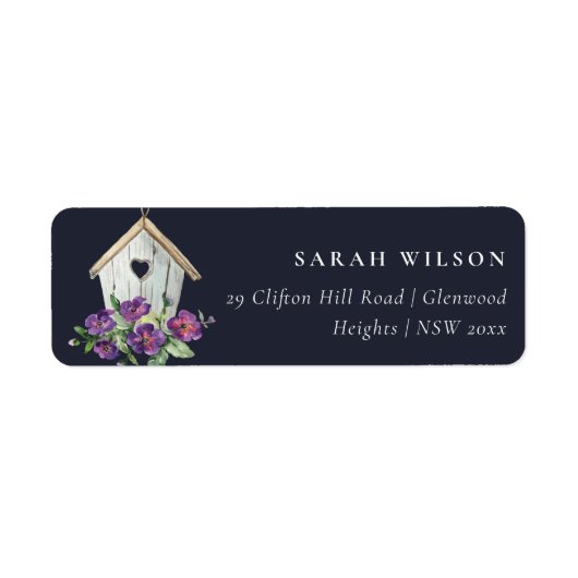 NAVY RUSTIC LAND FLORAL BIRD HOUSE ADRES ETIKET (Voorkant)