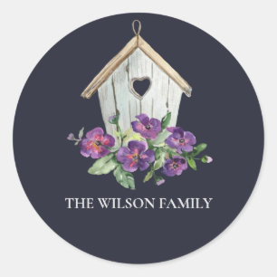 NAVY RUSTIC LAND VIOLET FLORAL BIRD HOUSE RONDE STICKER