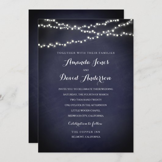 Navy Rustic String Lights Huwelijksuitnodiging Kaart (Voorkant / Achterkant)