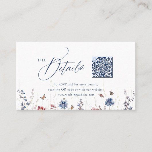 Navy Rustic Wildflower QR Code Mini Details Plaatskaartje (Voorkant)