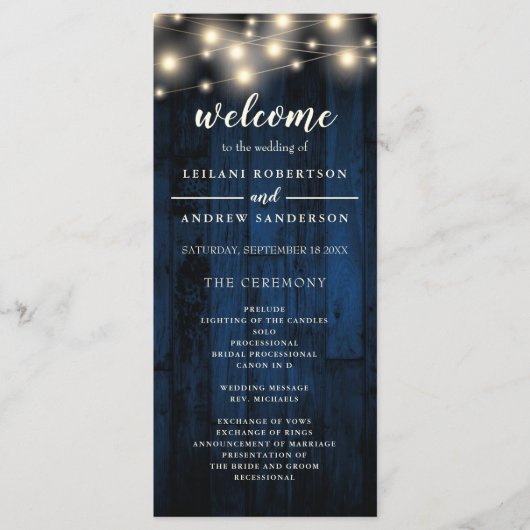 Navy Rustic Wood String Light Wedding Programmakaart (Voorkant)