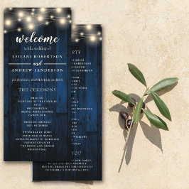 Navy Rustic Wood String Light Wedding Programmakaart