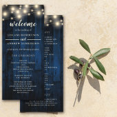 Navy Rustic Wood String Light Wedding Programmakaart