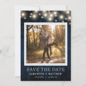 Navy Rustic Wood String Lights Save The Date (Voorkant)