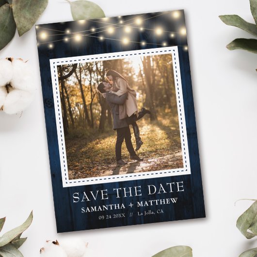 Navy Rustic Wood String Lights Save The Date
