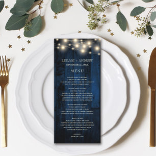 Navy Rustic Wood String Lights Wedding Menu
