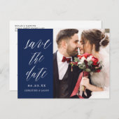 Navy rustieke Script Koppel Foto Save the Dates Aankondigingskaart