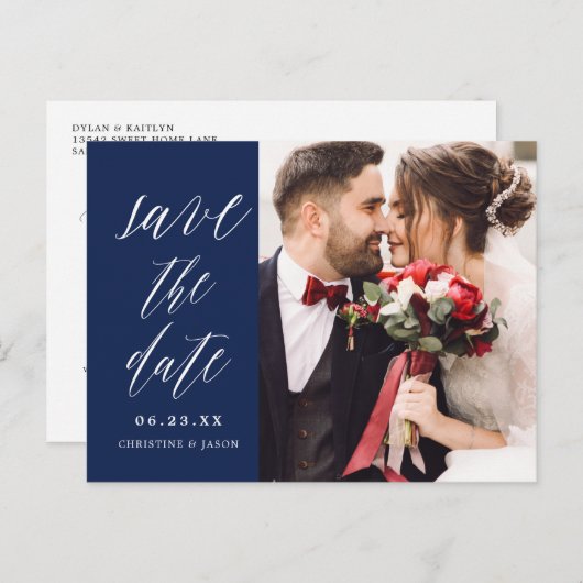 Navy rustieke Script Koppel Foto Save the Dates Aankondigingskaart (Voorkant / Achterkant)