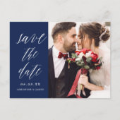 Navy rustieke Script Koppel Foto Save the Dates Aankondigingskaart (Voorkant)