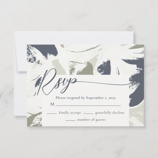 Navy Sage Abstract Floral Wedding RSVP Kaart (Voorkant)