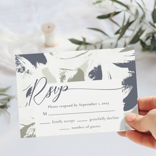 Navy Sage Abstract Floral Wedding RSVP Kaart