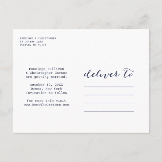 Navy Save the Date Script Lijst Fotoaankondiging Aankondigingskaart (Achterkant)