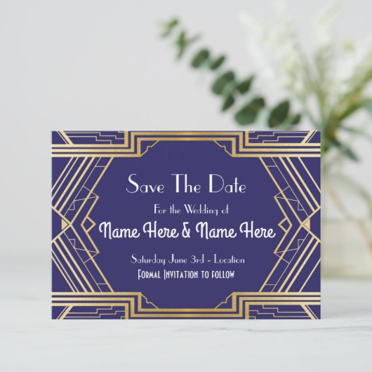 Navy Save the Date Wedding Party Gold Invites (Staand voorkant)