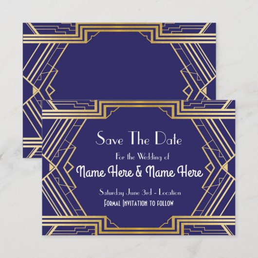 Navy Save the Date Wedding Party Gold Invites (Voorkant / Achterkant)
