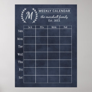 Navy Schoolbord Weekelijkse Familie Monogram Kalen Poster