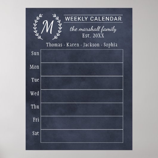 Navy Schoolbord Weekelijkse Gezins Monogram Kalend Poster (Voorkant)