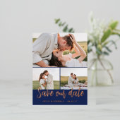 Navy Script 3 Foto's Bruiloft Save Our Date Folie Uitnodiging Briefkaart (Staand Voorkant)