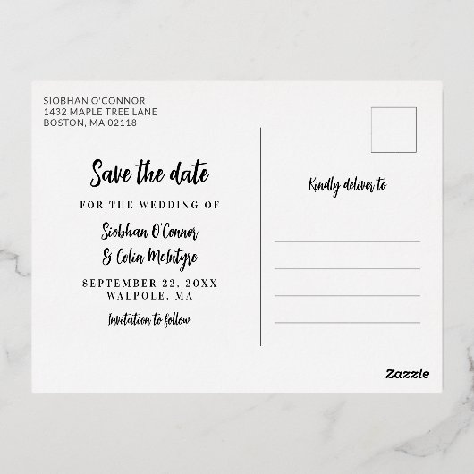 Navy Script 3 Foto's Bruiloft Save Our Date Folie Uitnodiging Briefkaart (Achterkant)